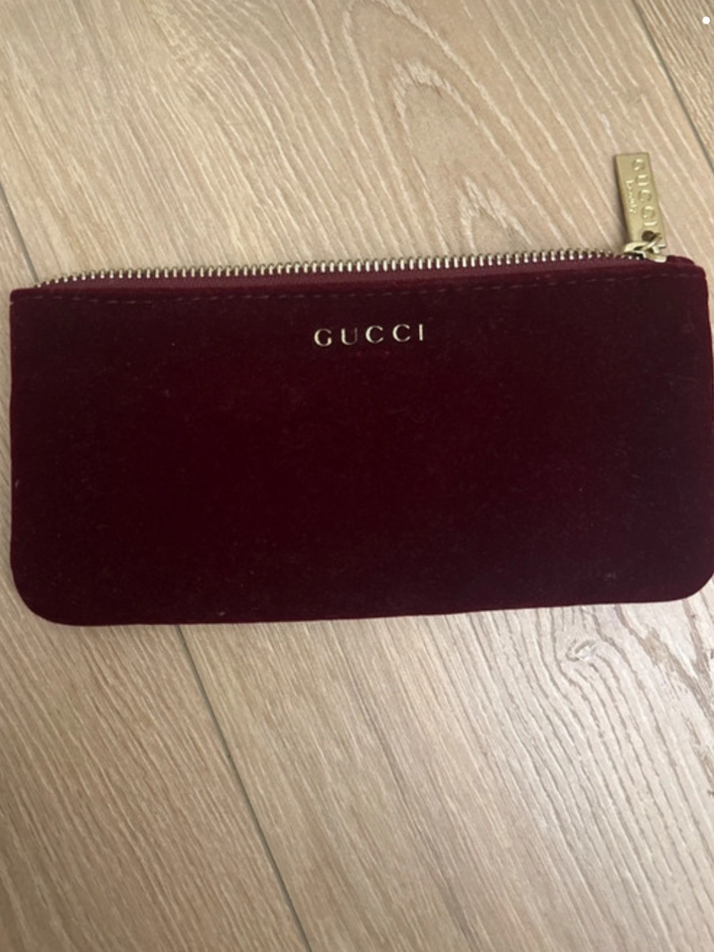 Gucci Wine Velvet Zip Pouch with Gold Hardware